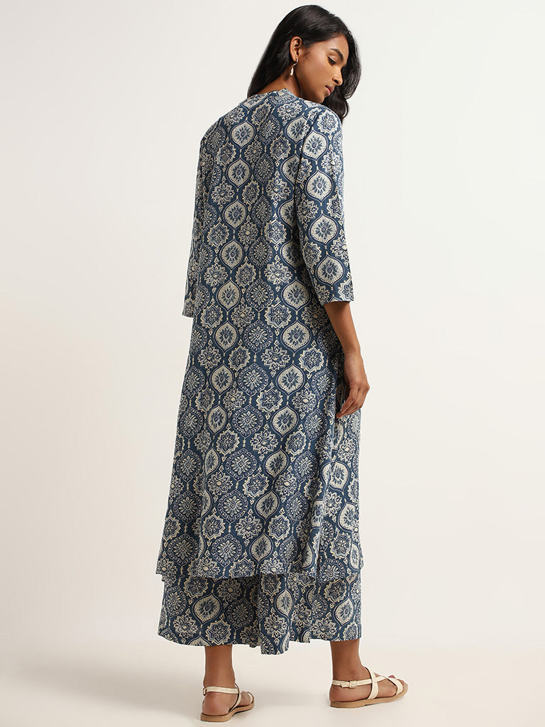 Utsa Blue Printed Straight Fit Kurta