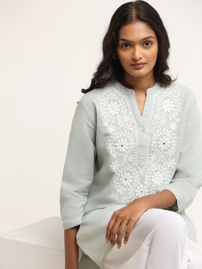 Utsa Blue Straight Fit Chikankari Kurti