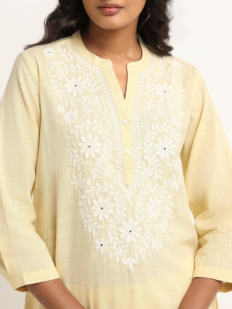 Utsa Yellow Floral Embroidered Cotton Kurti