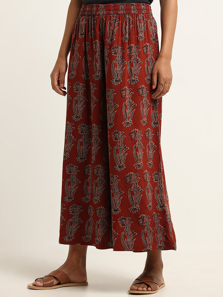 Utsa Maroon Printed Mid Rise Palazzos