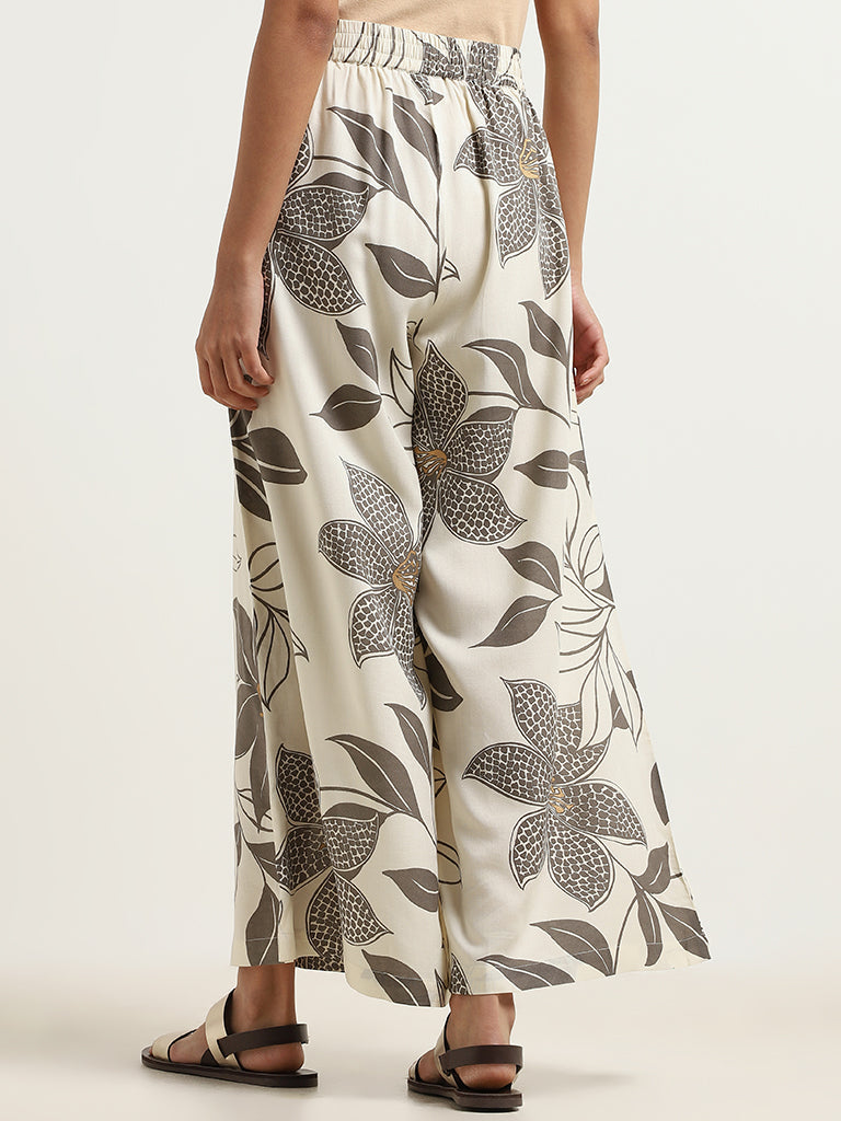 Utsa Grey Bold Floral Cotton Palazzos