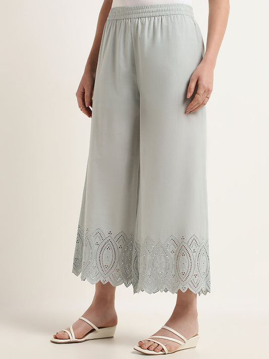 Zuba Dusty Blue Schiffile Pattern Cotton Straight Pants