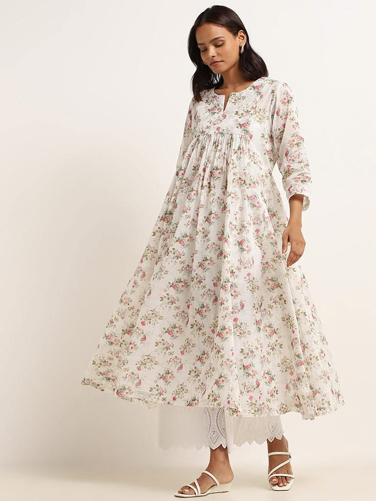 Zuba White Floral Printed Cotton A-Line Kurta