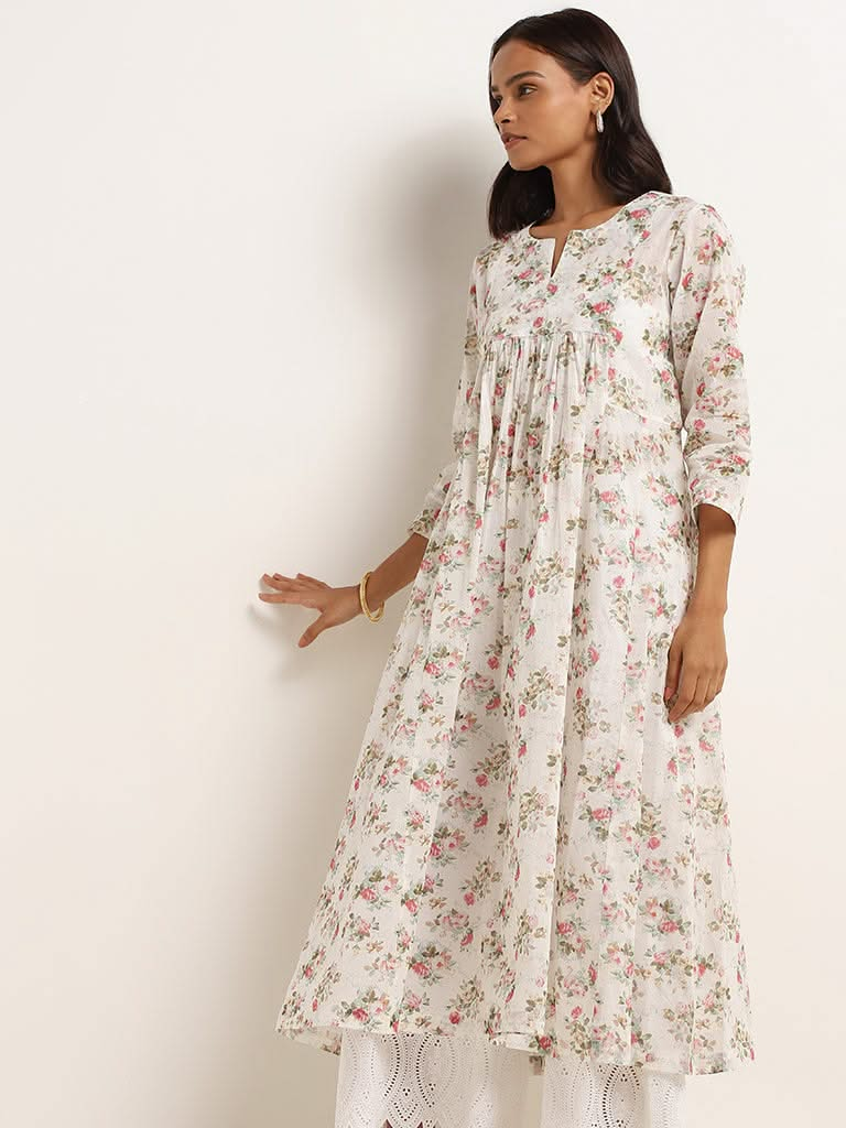 Zuba White Floral Printed Cotton A-Line Kurta