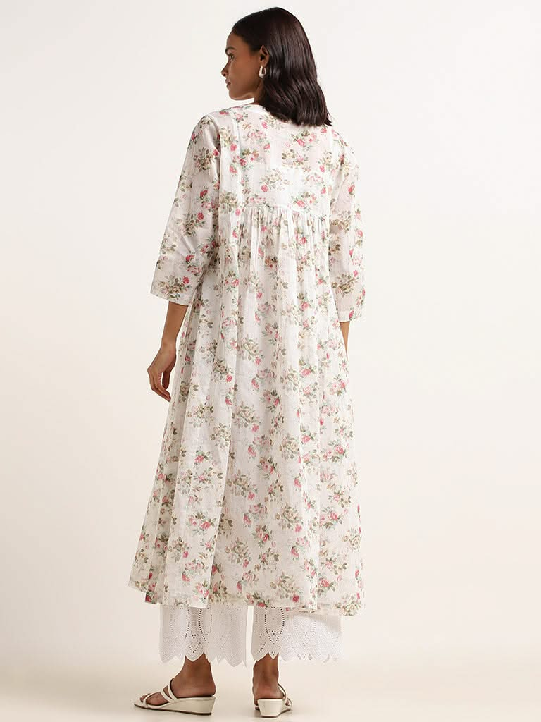 Zuba White Floral Printed Cotton A-Line Kurta