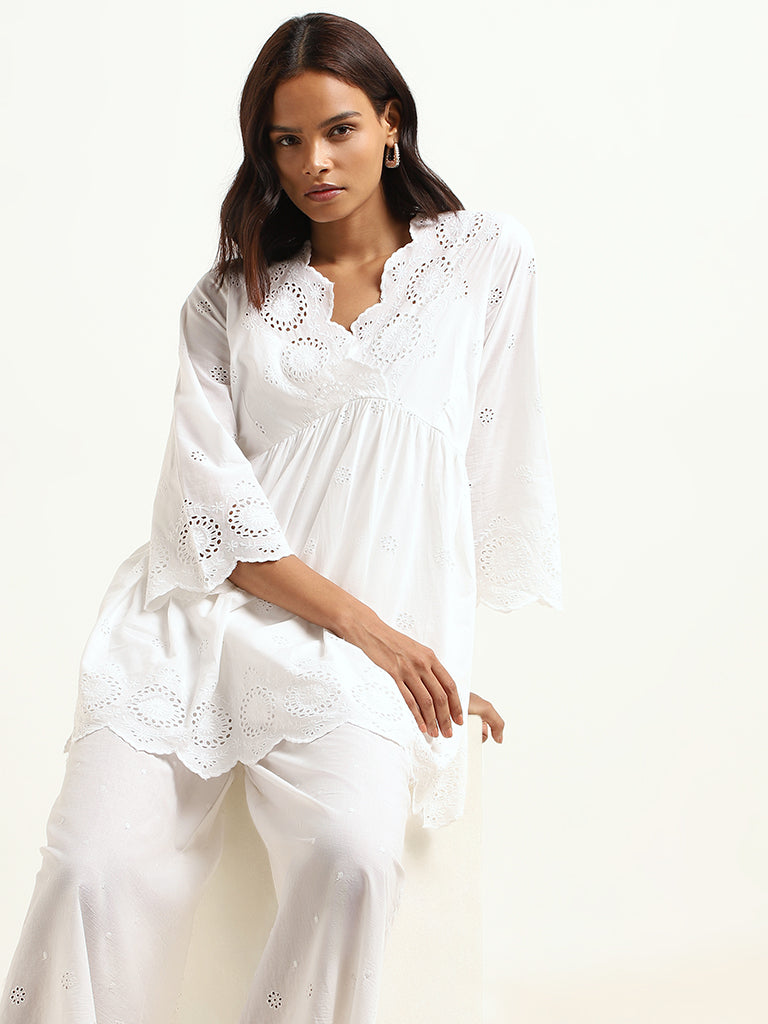 Zuba White Cotton Schiffli Kurti