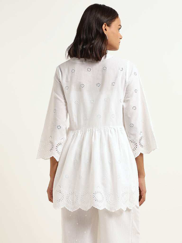 Zuba White Cotton Schiffli Kurti