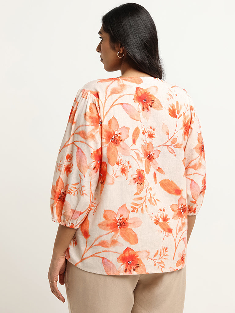 Gia Orange Floral Print Blended Linen Shirt