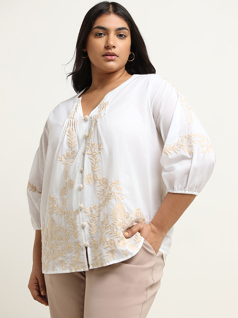 Gia White Pintuck Embroidered Cotton Shirt