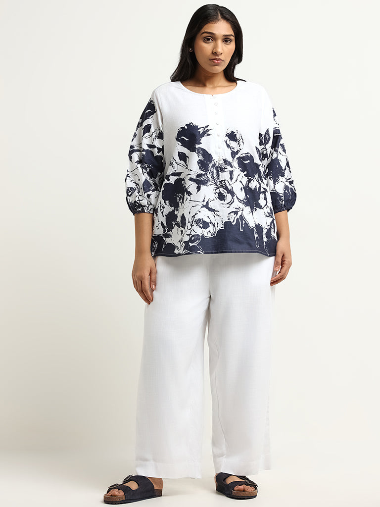 Gia White Abstract Relaxed-Fit Blended Linen Top