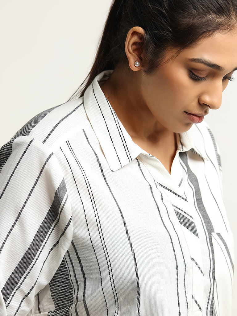 Gia White Striped Cotton Collared Top