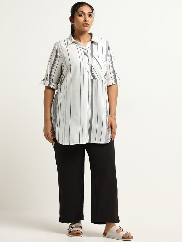 Gia White Striped Cotton Collared Top