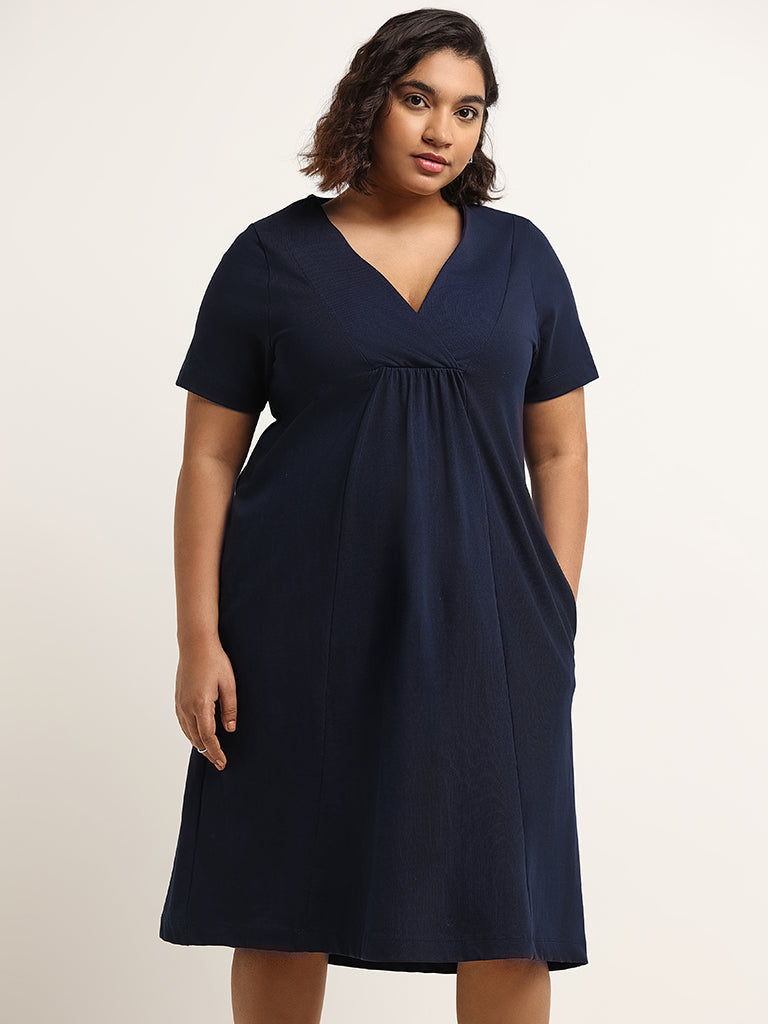 Gia Navy Solid Cotton A-Line Dress