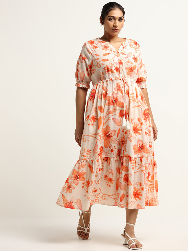 Gia Orange Floral Print Blended Linen Maxi Dress