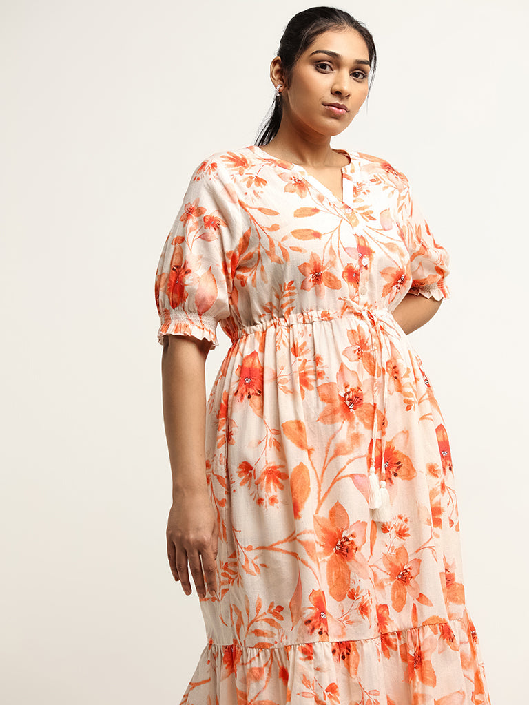 Gia Orange Floral Print Blended Linen Maxi Dress