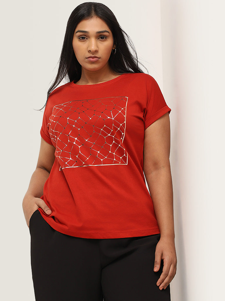 Gia Red Printed Cotton T-Shirt