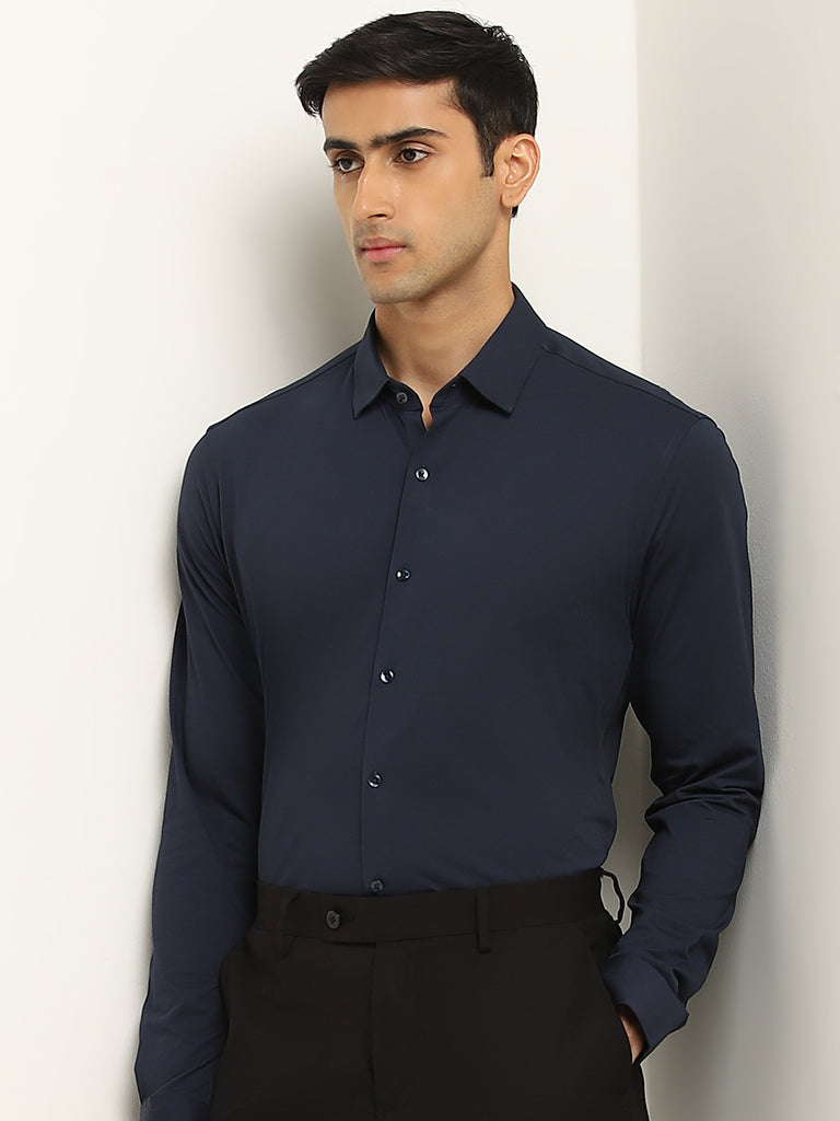 WES Formals Navy Slim Fit Shirt