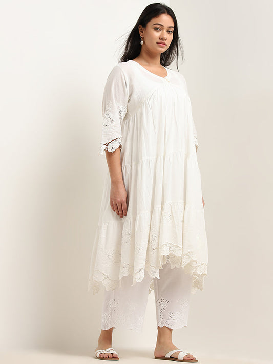 Diza White Floral Embroidered Fit-and-Flare Cotton Kurta