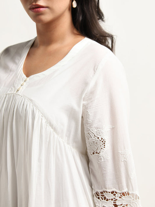 Diza White Floral Embroidered Fit-and-Flare Cotton Kurta