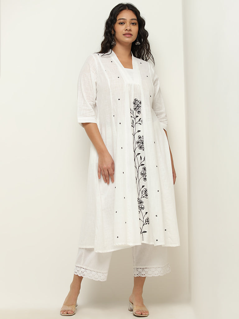 Diza White A-Line Embroidered Cotton Kurta