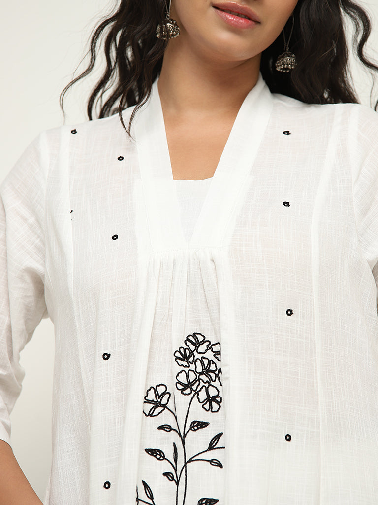 Diza White A-Line Embroidered Cotton Kurta