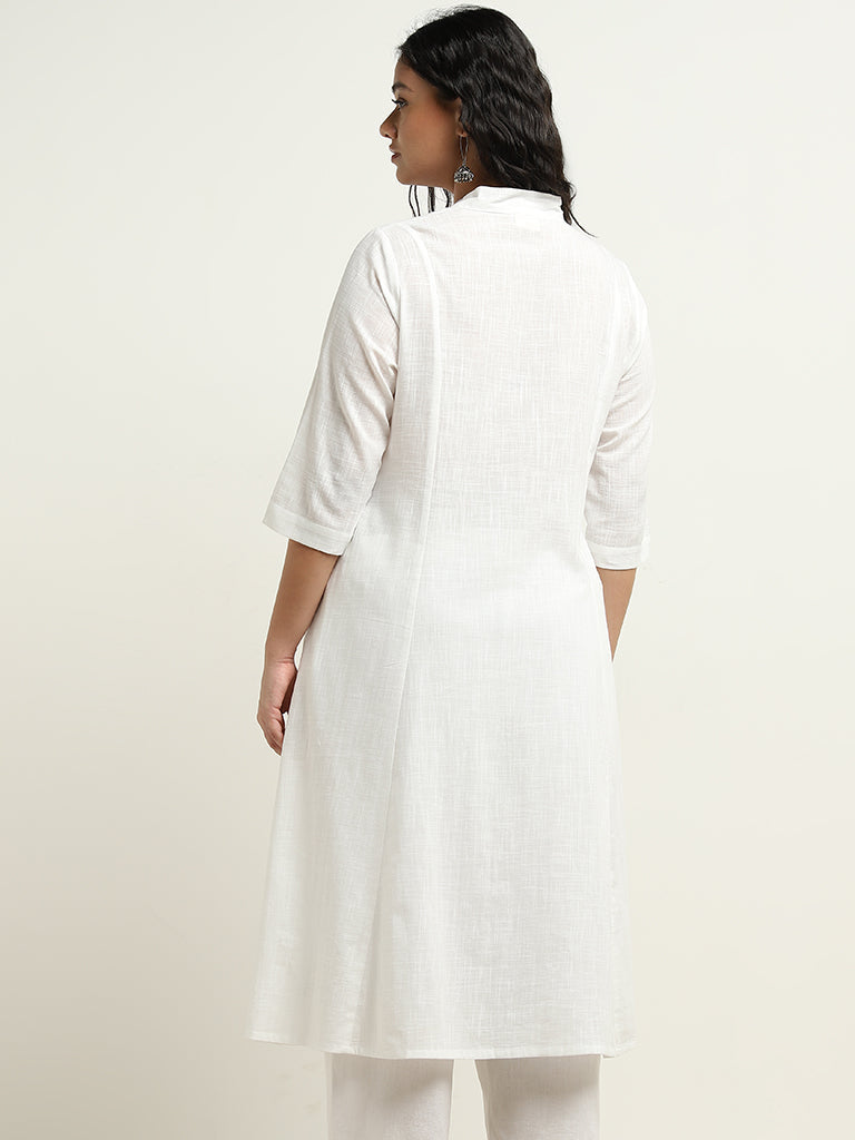 Diza White A-Line Embroidered Cotton Kurta