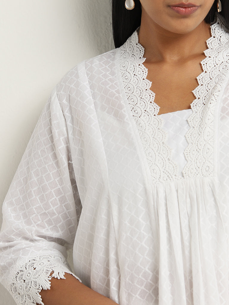 Diza White Crochet Detailed A-line Cotton Kurta