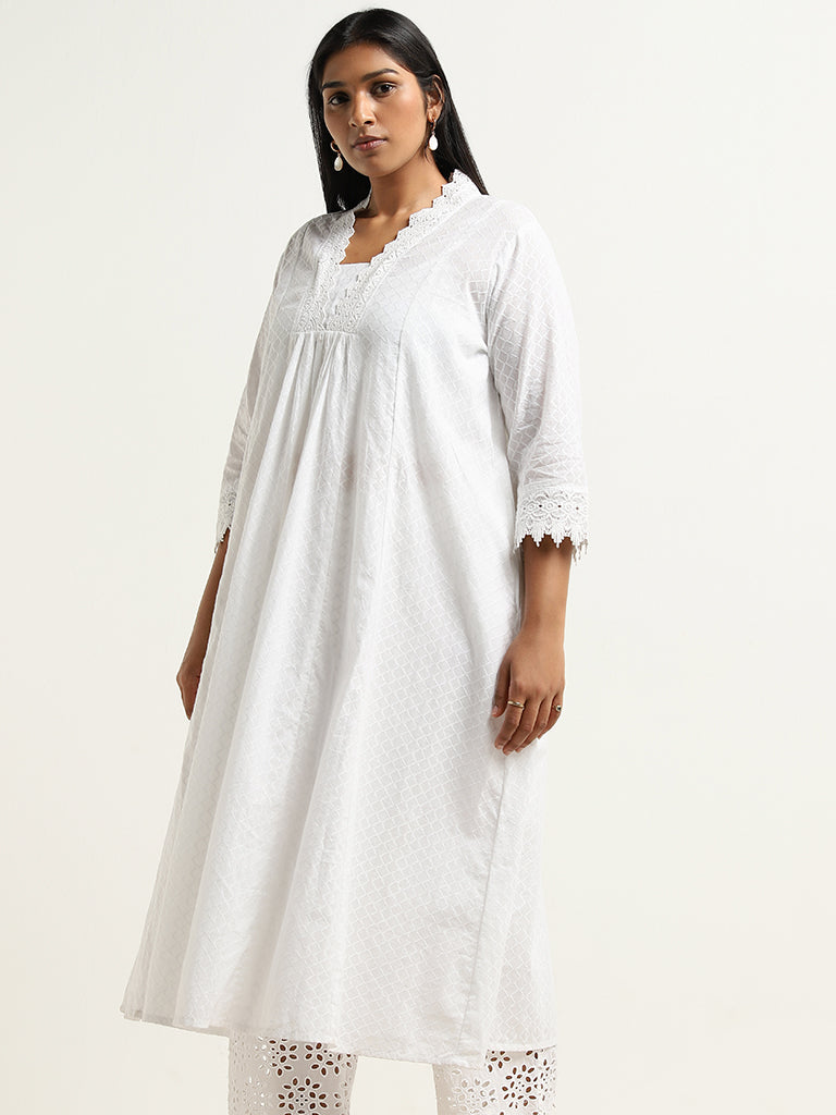 Diza White Crochet Detailed A-line Cotton Kurta