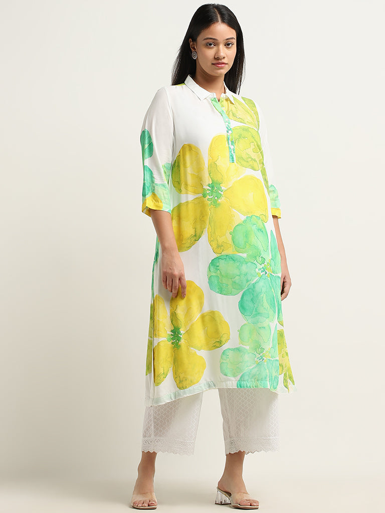 Diza Green Floral Patterned A-Line Kurta