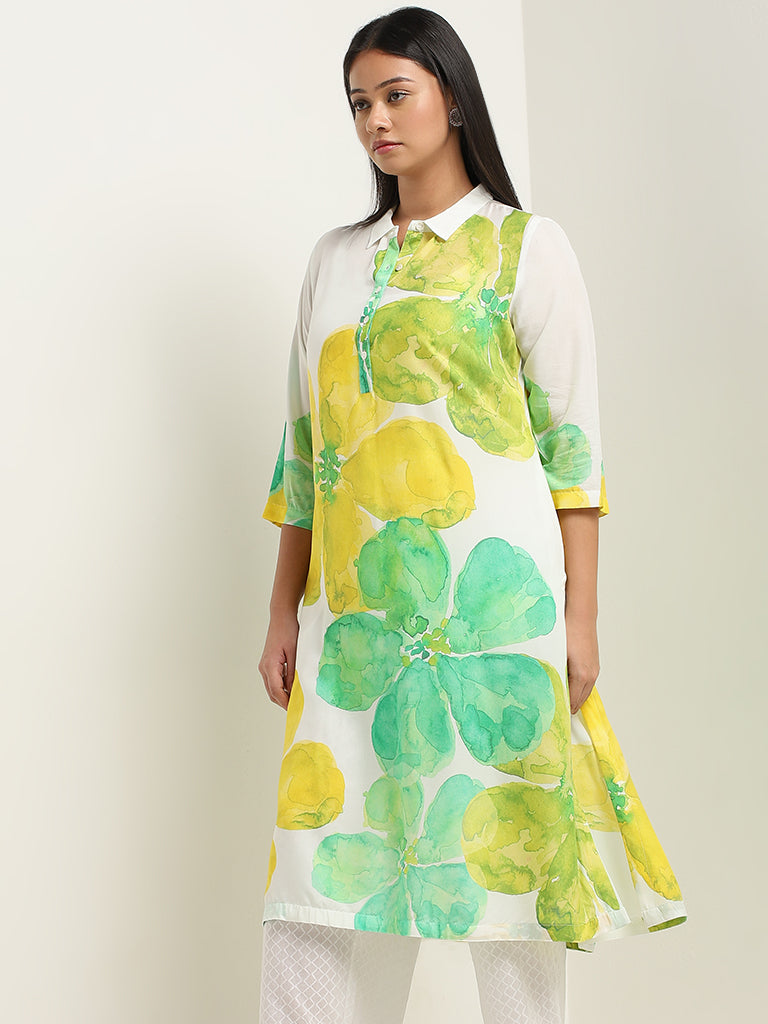 Diza Green Floral Patterned A-Line Kurta