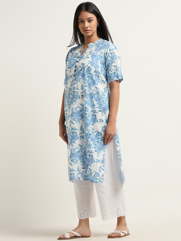 Diza Blue Floral Printed Straight Kurta