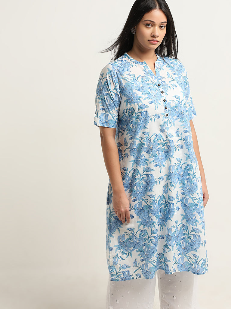 Diza Blue Floral Printed Straight Kurta