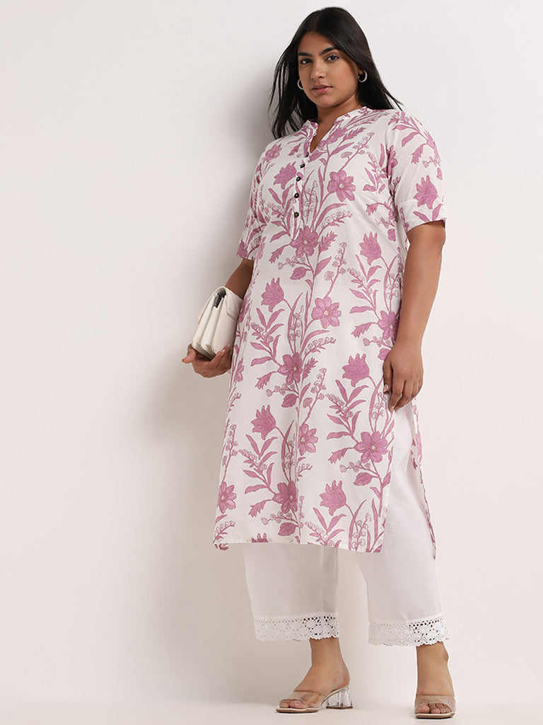 Diza Lilac Floral Cotton Straight Kurta