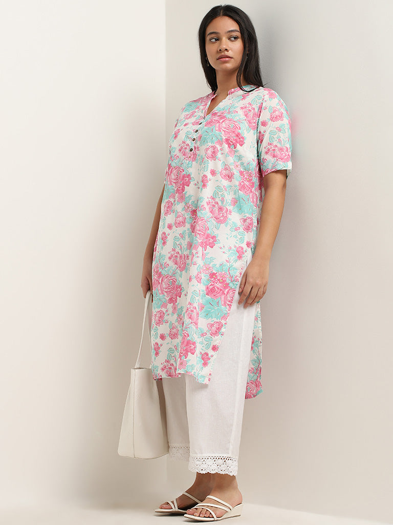 Diza Pink Floral Printed Straight Kurta