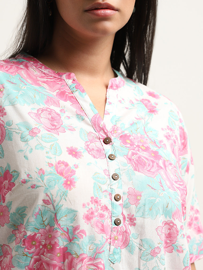 Diza Pink Floral Printed Straight Kurta