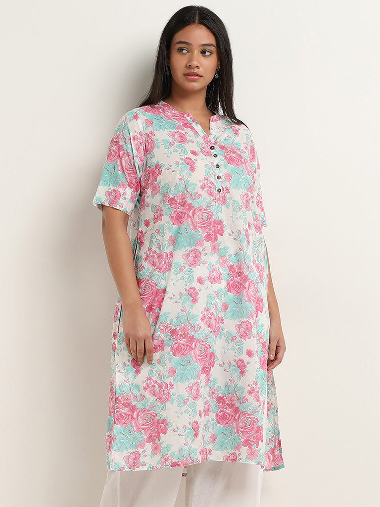 Diza Pink Floral Printed Straight Kurta