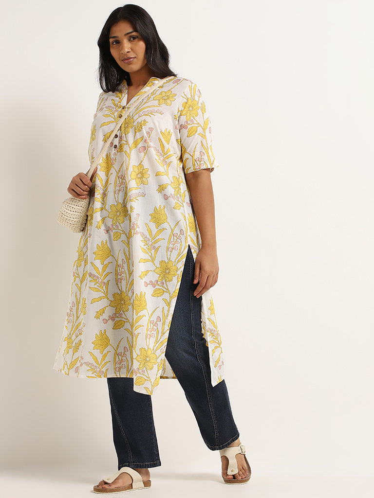 Diza Yellow Bold Floral Print Cotton Kurta