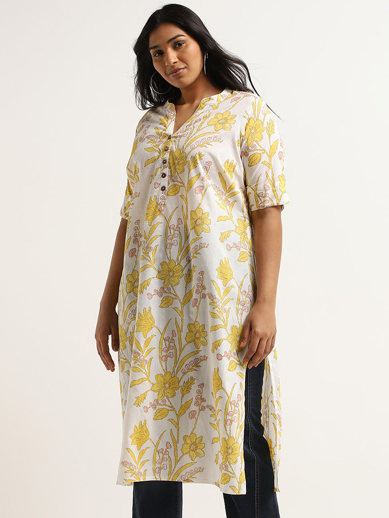 Diza Yellow Bold Floral Print Cotton Kurta