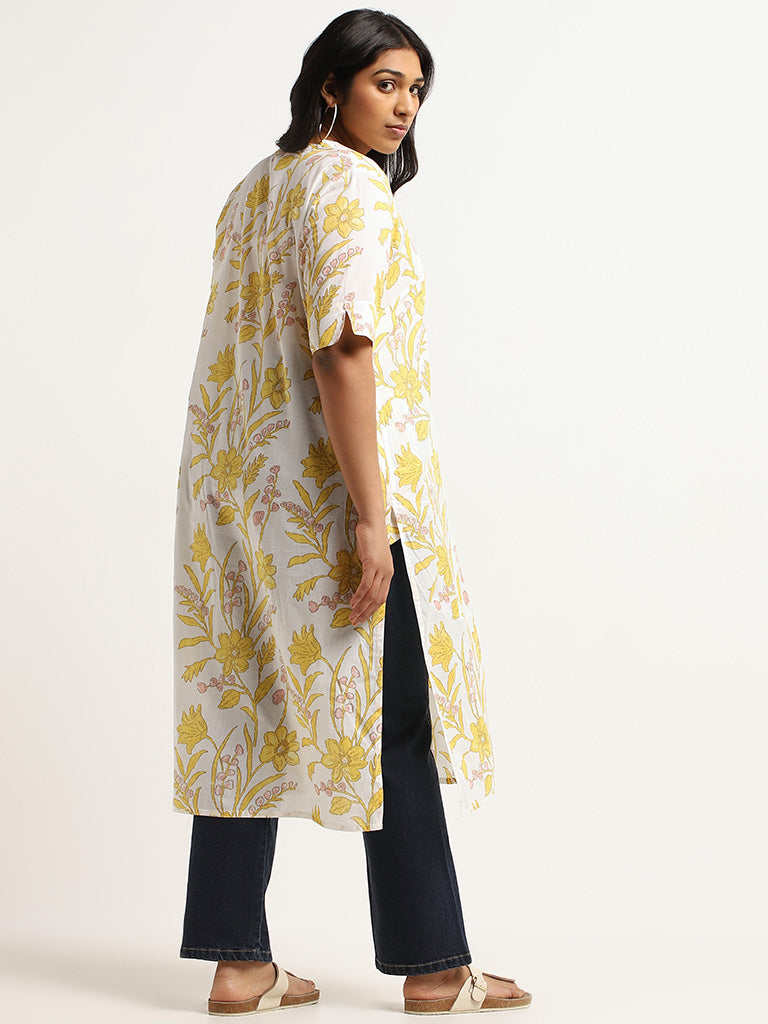 Diza Yellow Bold Floral Print Cotton Kurta