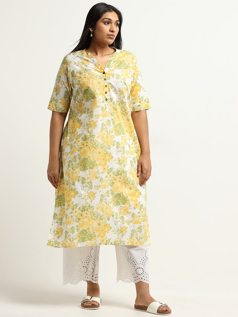 Diza Yellow Floral Print Straight Fit Kurta