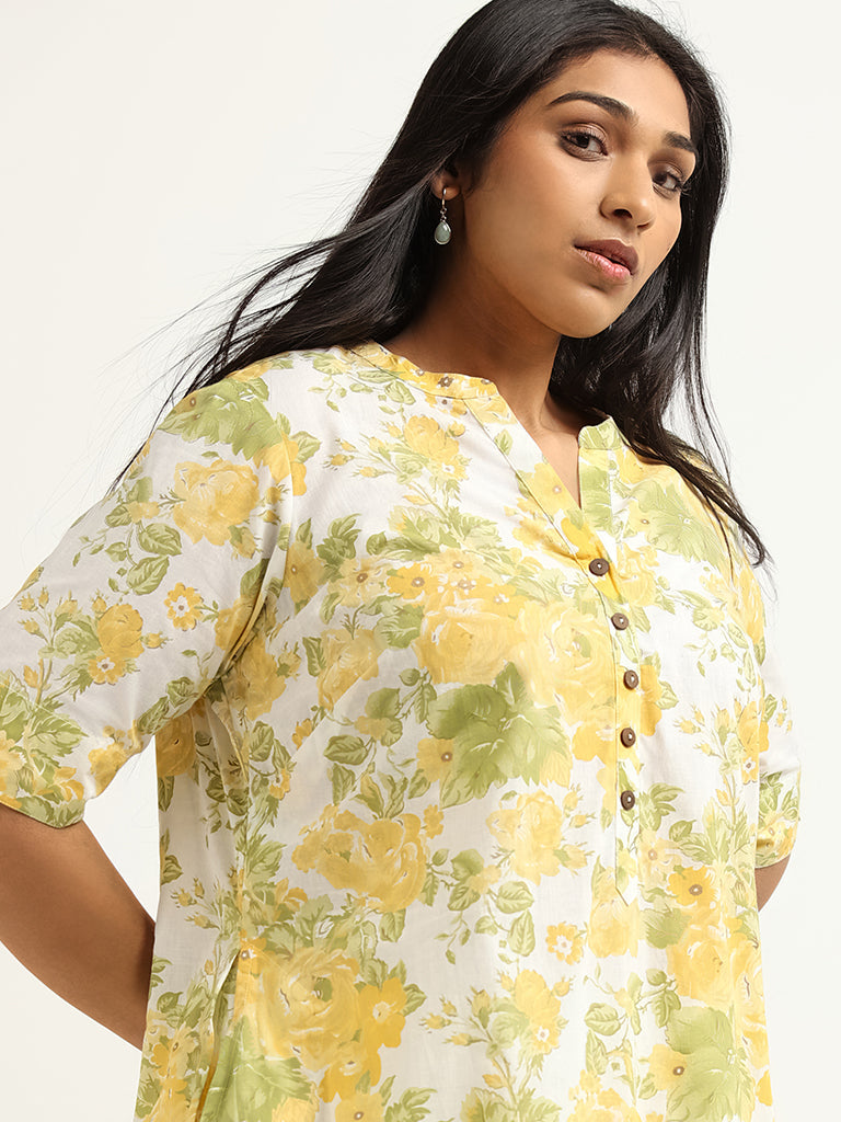 Diza Yellow Floral Print Straight Fit Kurta