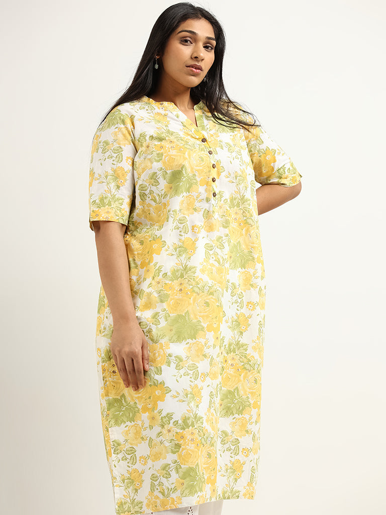 Diza Yellow Floral Print Straight Fit Kurta