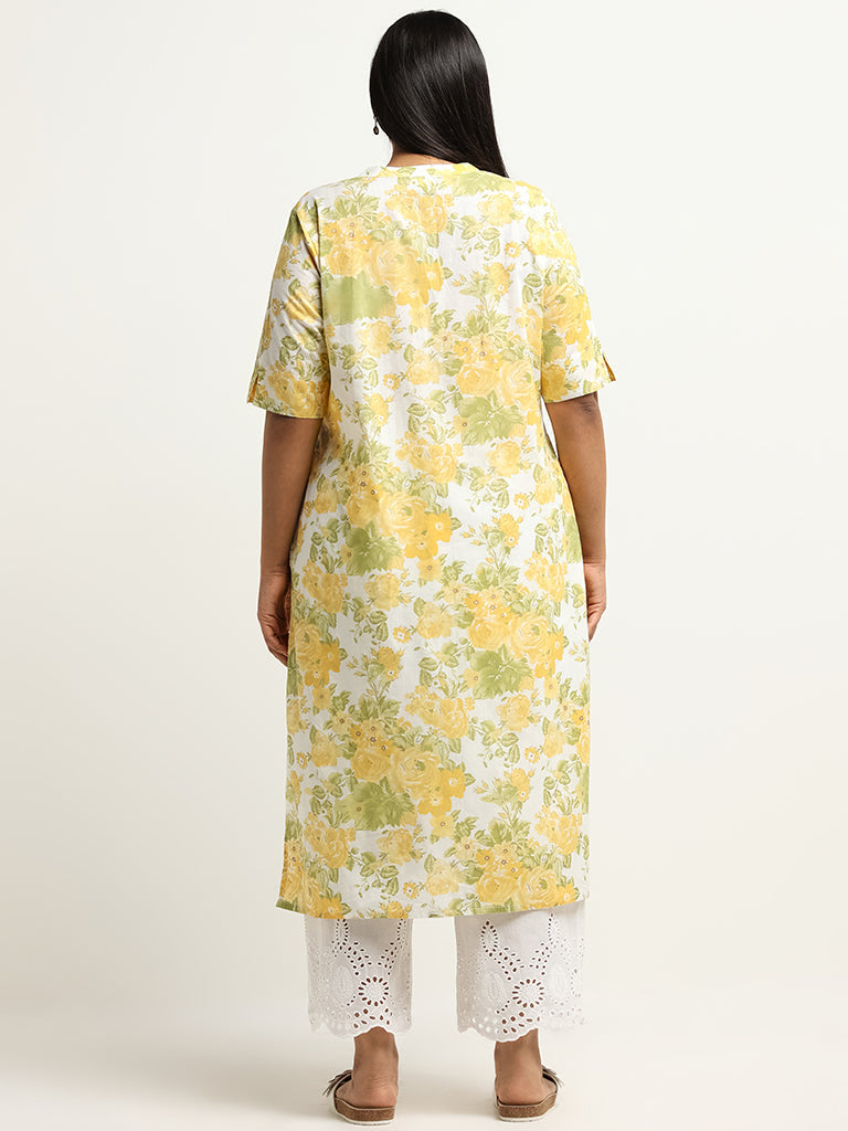 Diza Yellow Floral Print Straight Fit Kurta