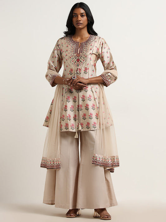 Vark Beige Kurti, Palazzos and Dupatta Set