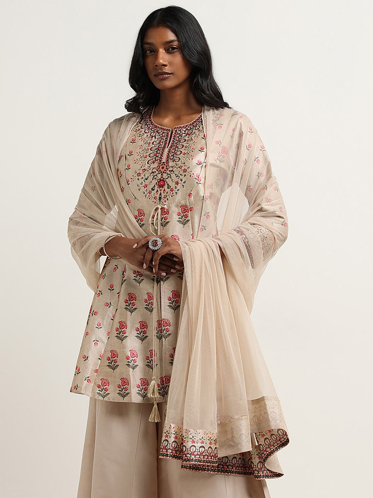 Vark Beige Kurti, Palazzos and Dupatta Set