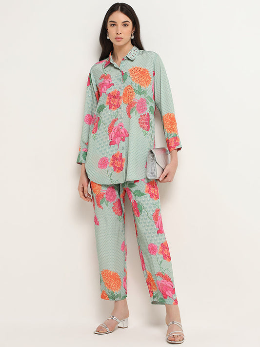 Vark Turquoise Floral Tunic & Pants Set