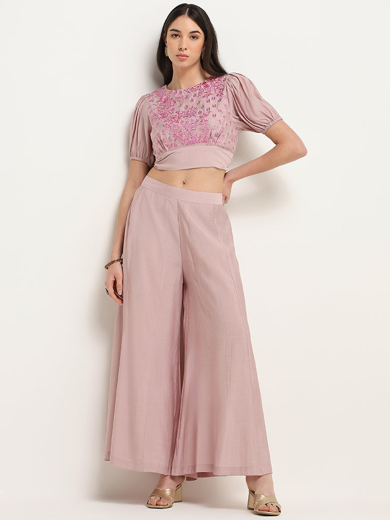 Vark Mauve Floral Embroidered Crop Top & Palazzos Set