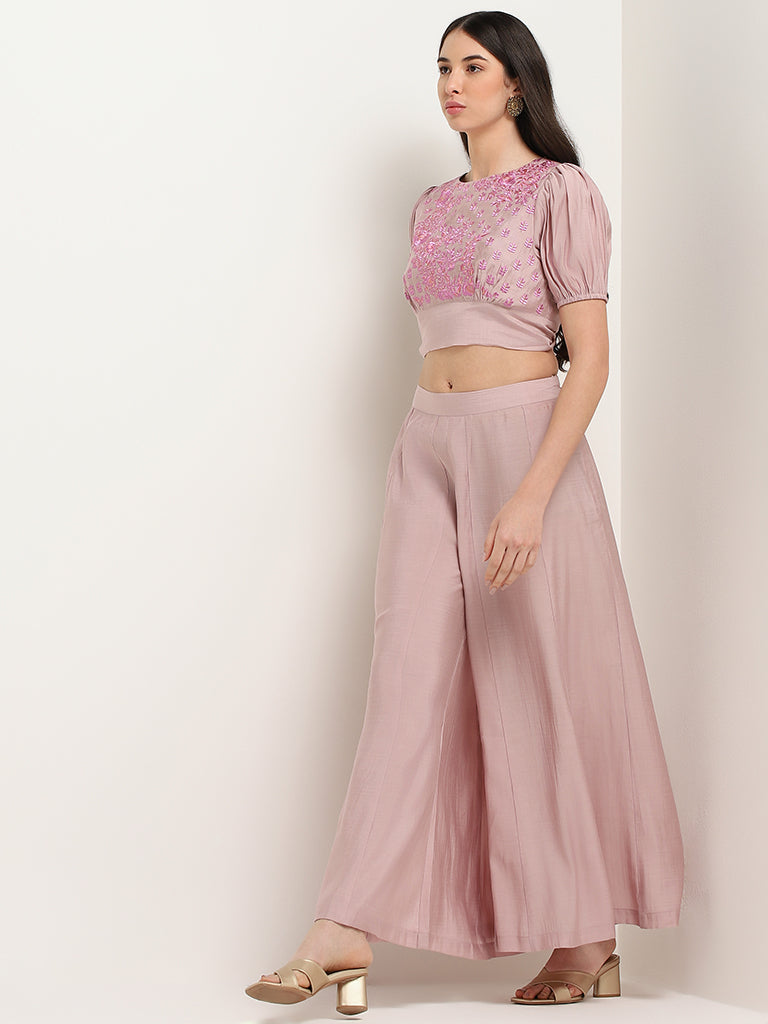 Vark Mauve Floral Embroidered Crop Top & Palazzos Set