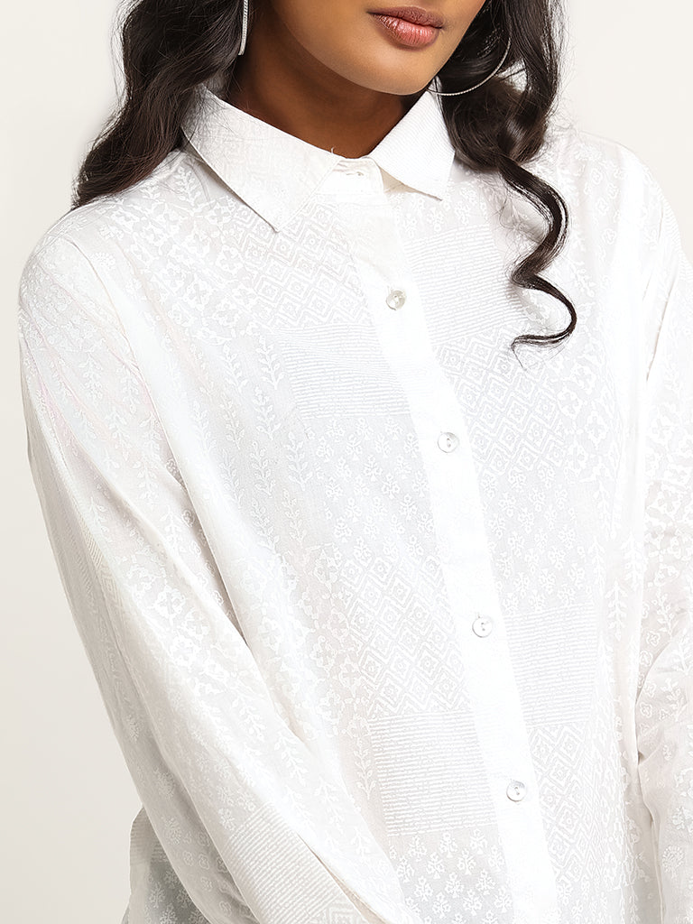 Utsa White Patch-work Print Cotton Tunic