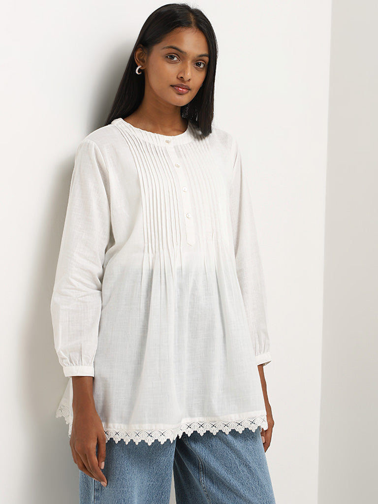 Utsa White Pintuck Detailed A-Line Cotton Tunic